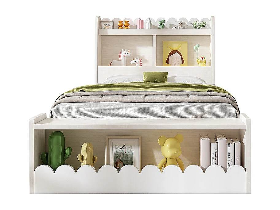 Kindereinzelbett 90x190 cm, mit Schubladen, Regalen und Stauraum, weiß + eichenfarbig