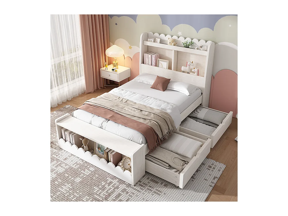 Lit simple enfant 90x190 cm, avec tiroirs, étagères et espace de rangement, blanc + couleur chêne