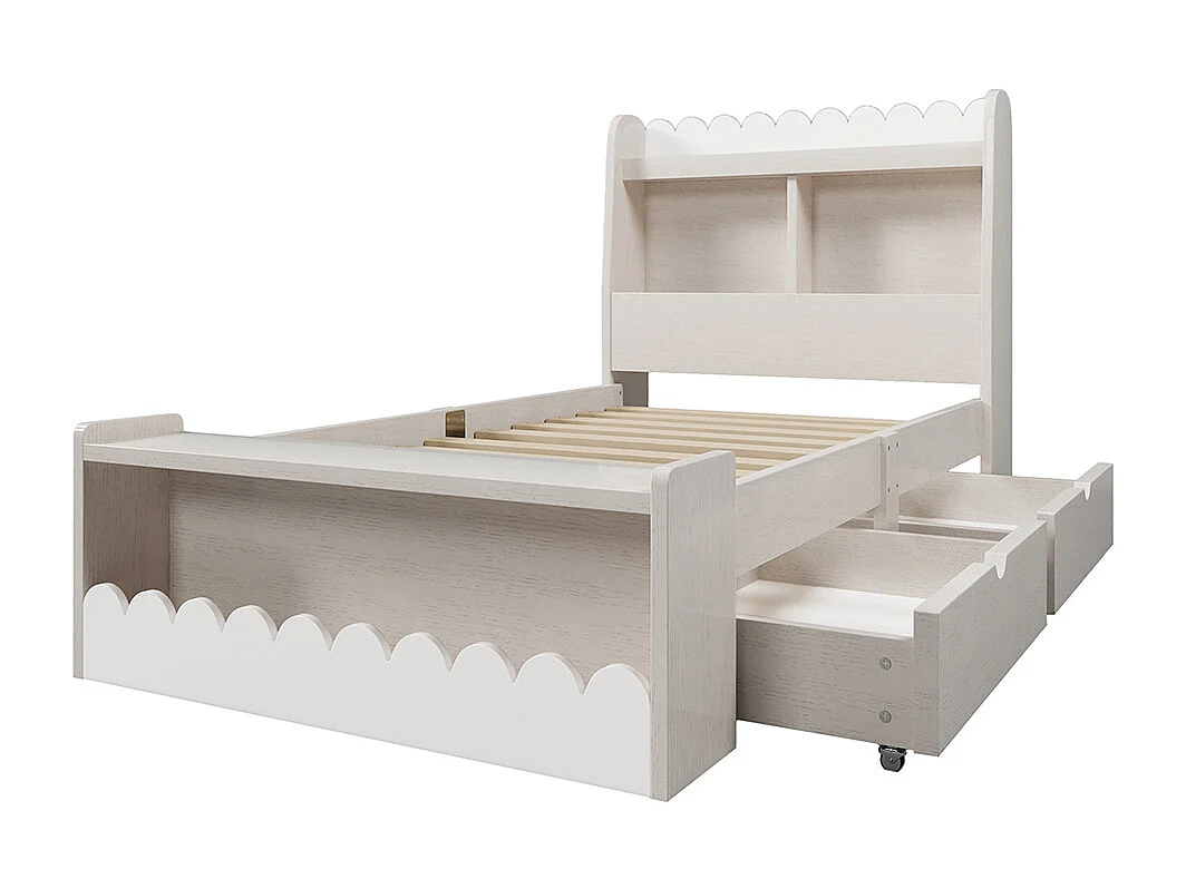 Lit simple enfant 90x190 cm, avec tiroirs, étagères et espace de rangement, blanc + couleur chêne