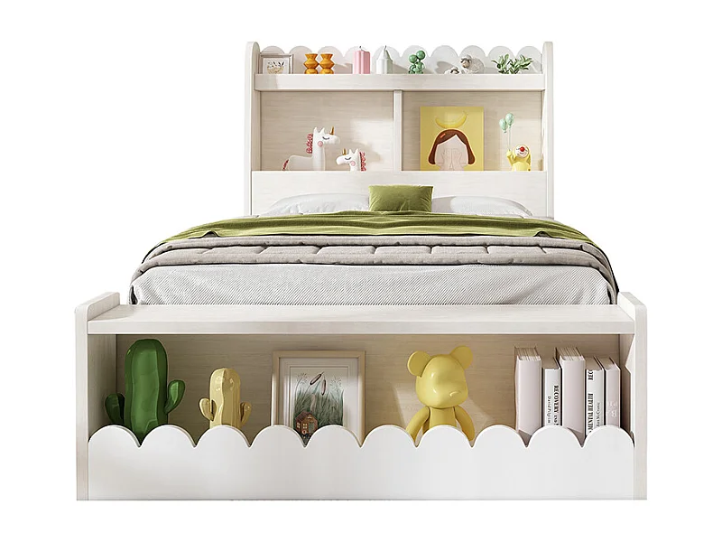 Lit simple enfant 90x190 cm, avec tiroirs, étagères et espace de rangement, blanc + couleur chêne