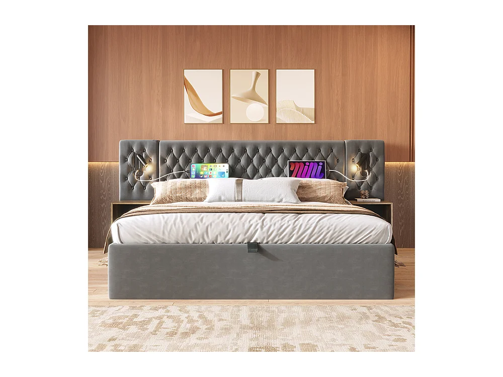 Lit hydraulique 160 x 200 cm, avec table de nuit, liseuse, fonction de recharge USB, gris