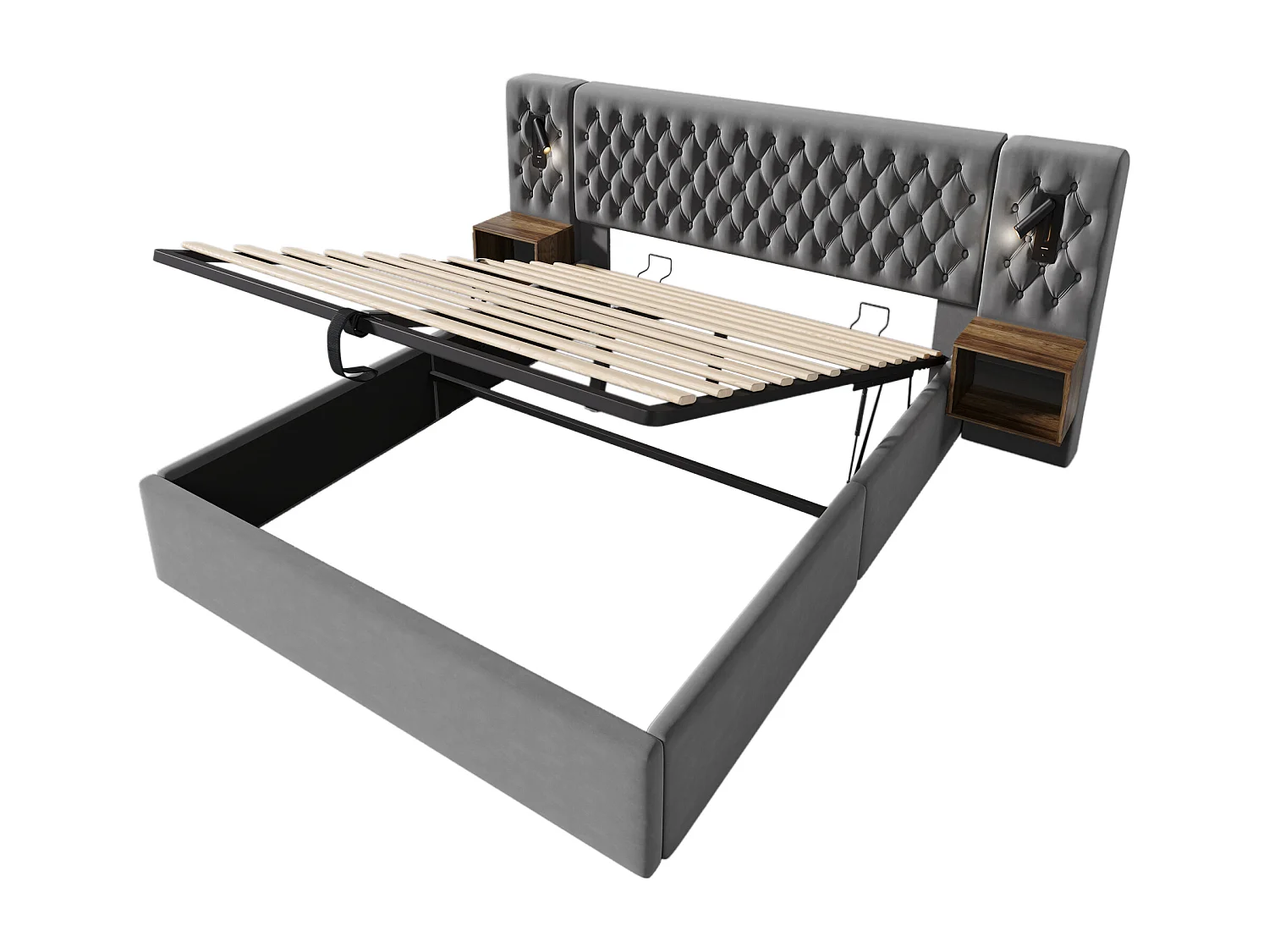 Lit hydraulique 160 x 200 cm, avec table de nuit, liseuse, fonction de recharge USB, gris