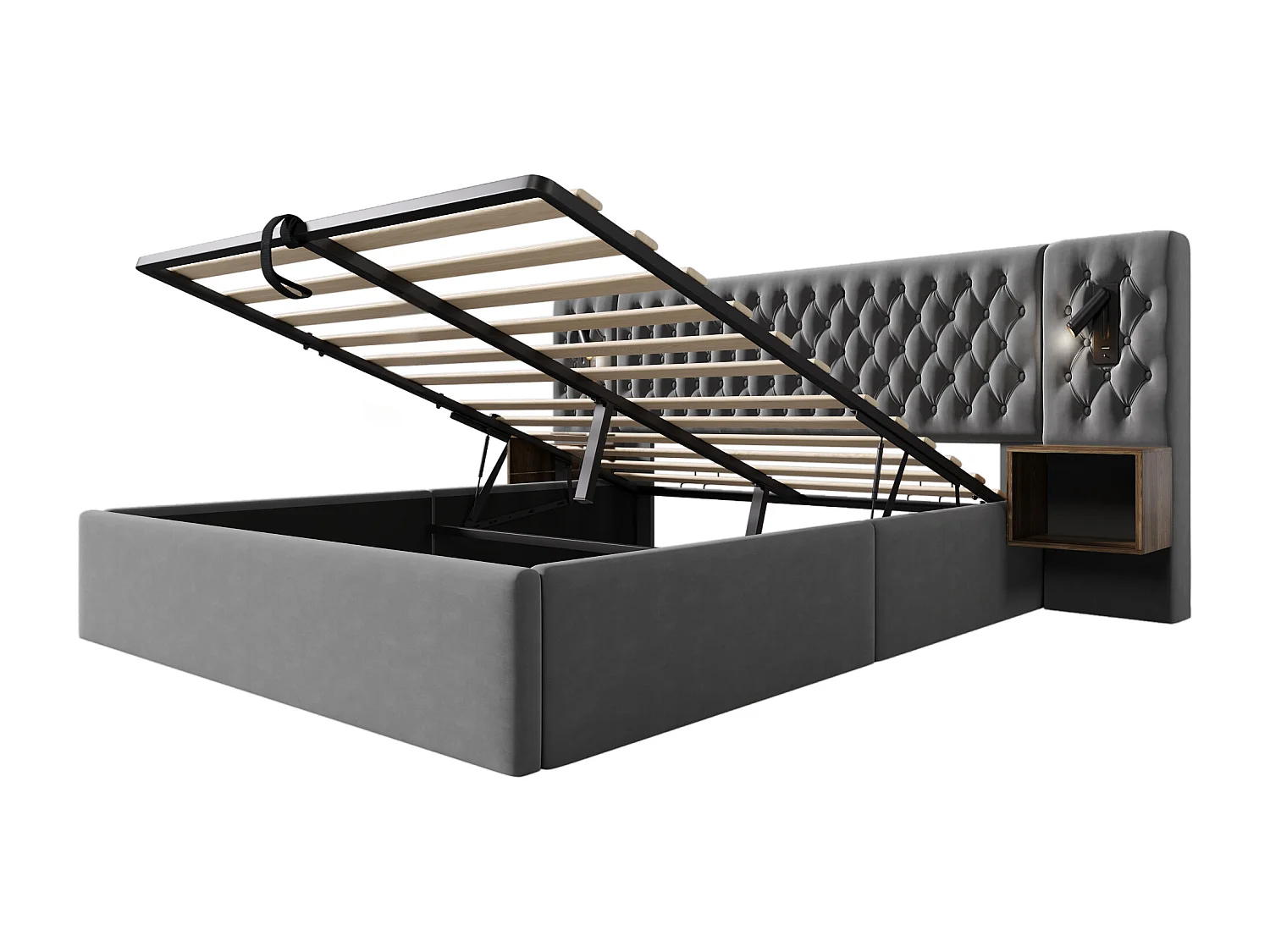 Cama hidráulica 180 x 200 cm, con mesita de noche, luz de lectura, función de recarga USB, gris