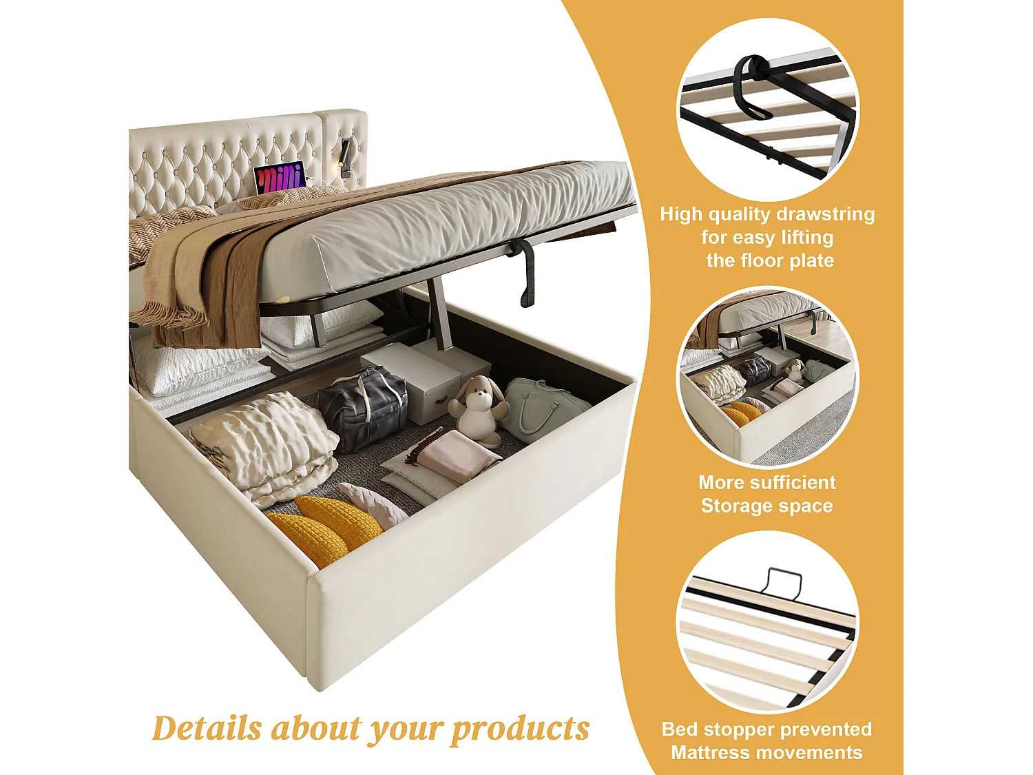 Hydraulisches Bett 180 x 200 cm, mit Nachttisch, Leselampe, USB-Ladefunktion, beige