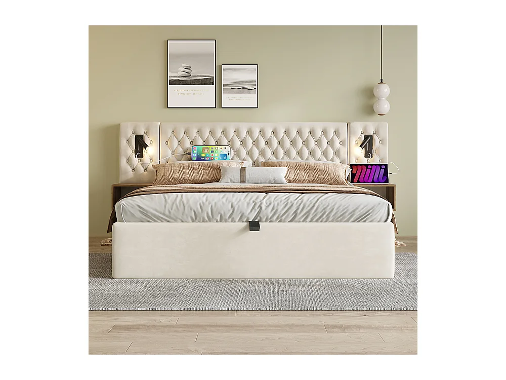 Lit hydraulique 180 x 200 cm, avec table de nuit, liseuse, fonction de recharge USB, beige