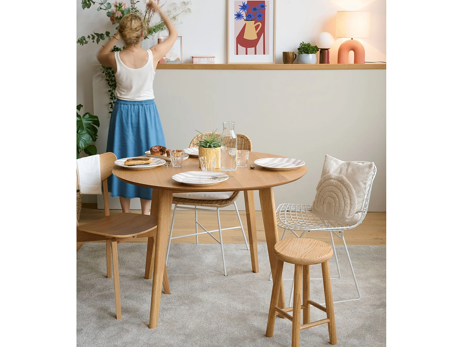 Table ronde en chêne D105 + 4 chaises chêne - LETA