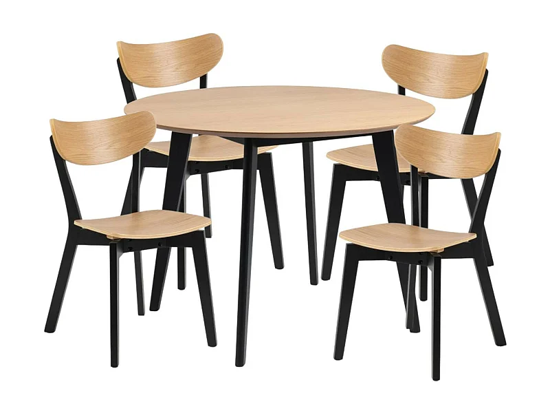 Table ronde en bois chêne/noir D105 + 4 chaises chêne/noir - LETA