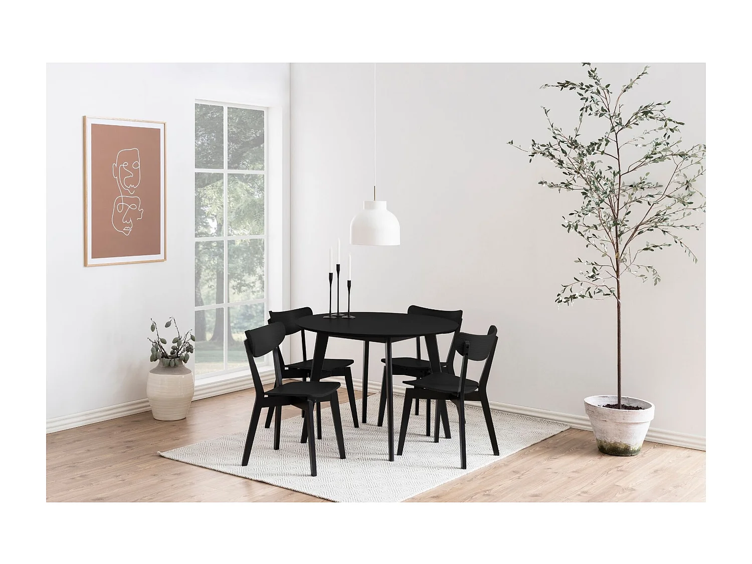 Table ronde en bois noir D105 + 4 chaises en bois noir - LETA