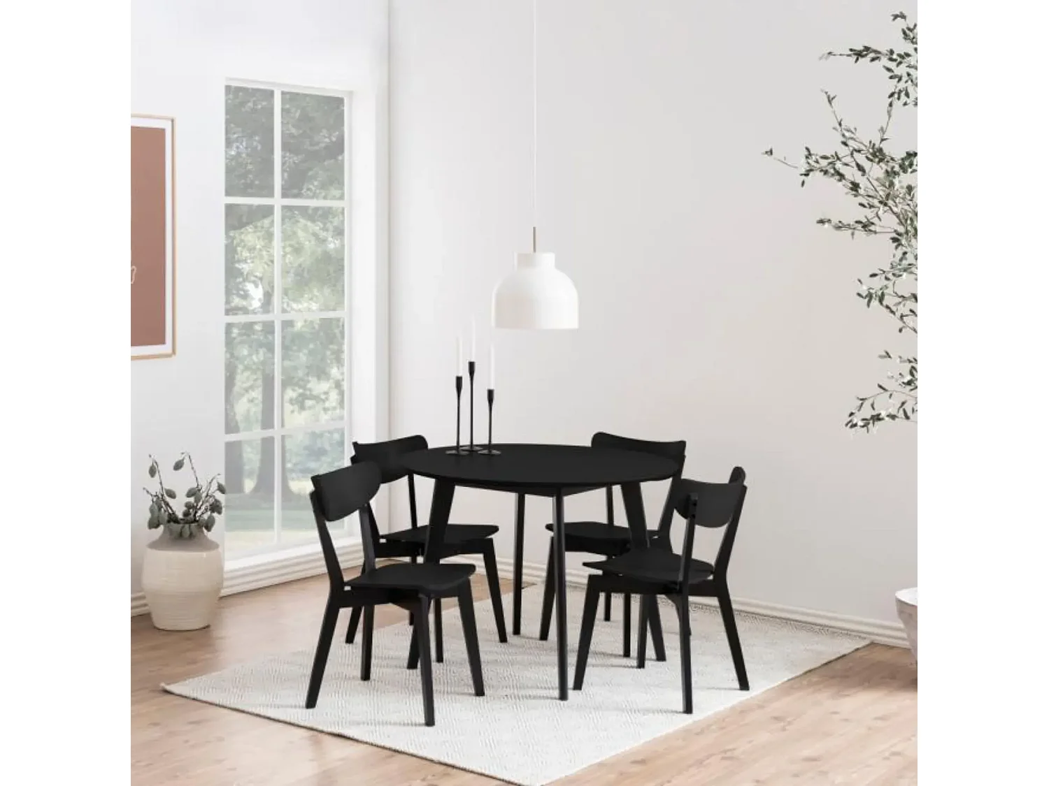 Table ronde en bois noir D105 + 4 chaises en bois noir - LETA