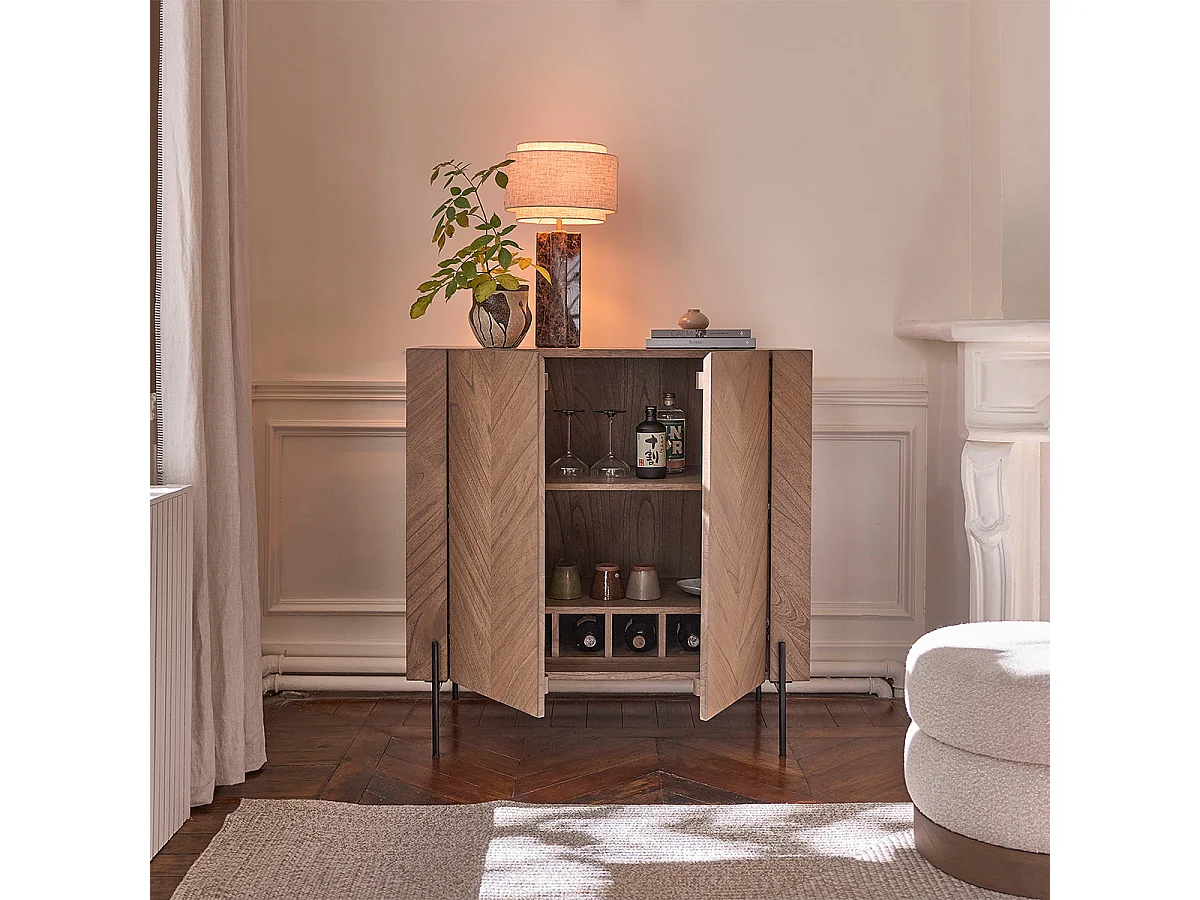 Mobile bar in mindi massello e metallo finitura noce 100 cm