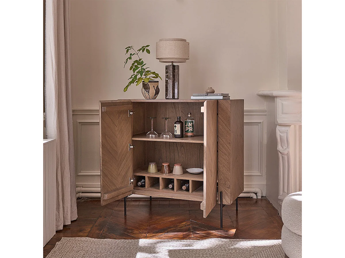 Mobile bar in mindi massello e metallo finitura noce 100 cm