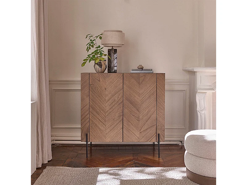 Meuble bar en bois massif et pieds métal finition noyer