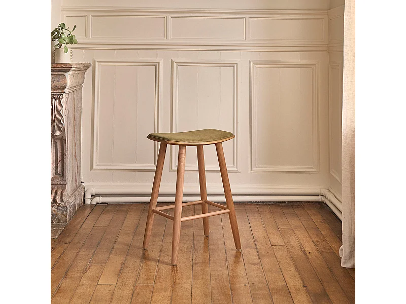 Tabouret en teck massif assise velours cotelé 65 cm