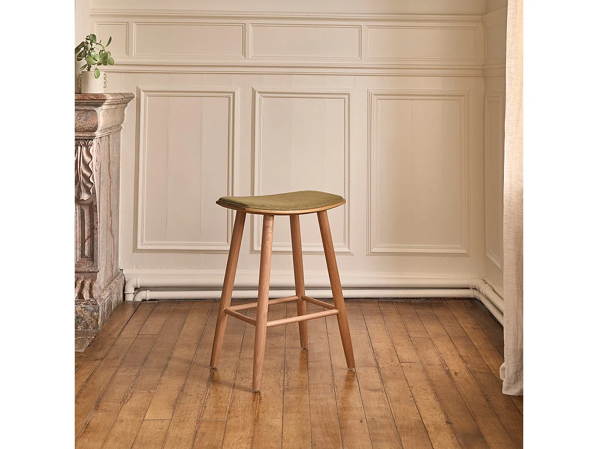 Tabouret en teck massif assise velours cotelé