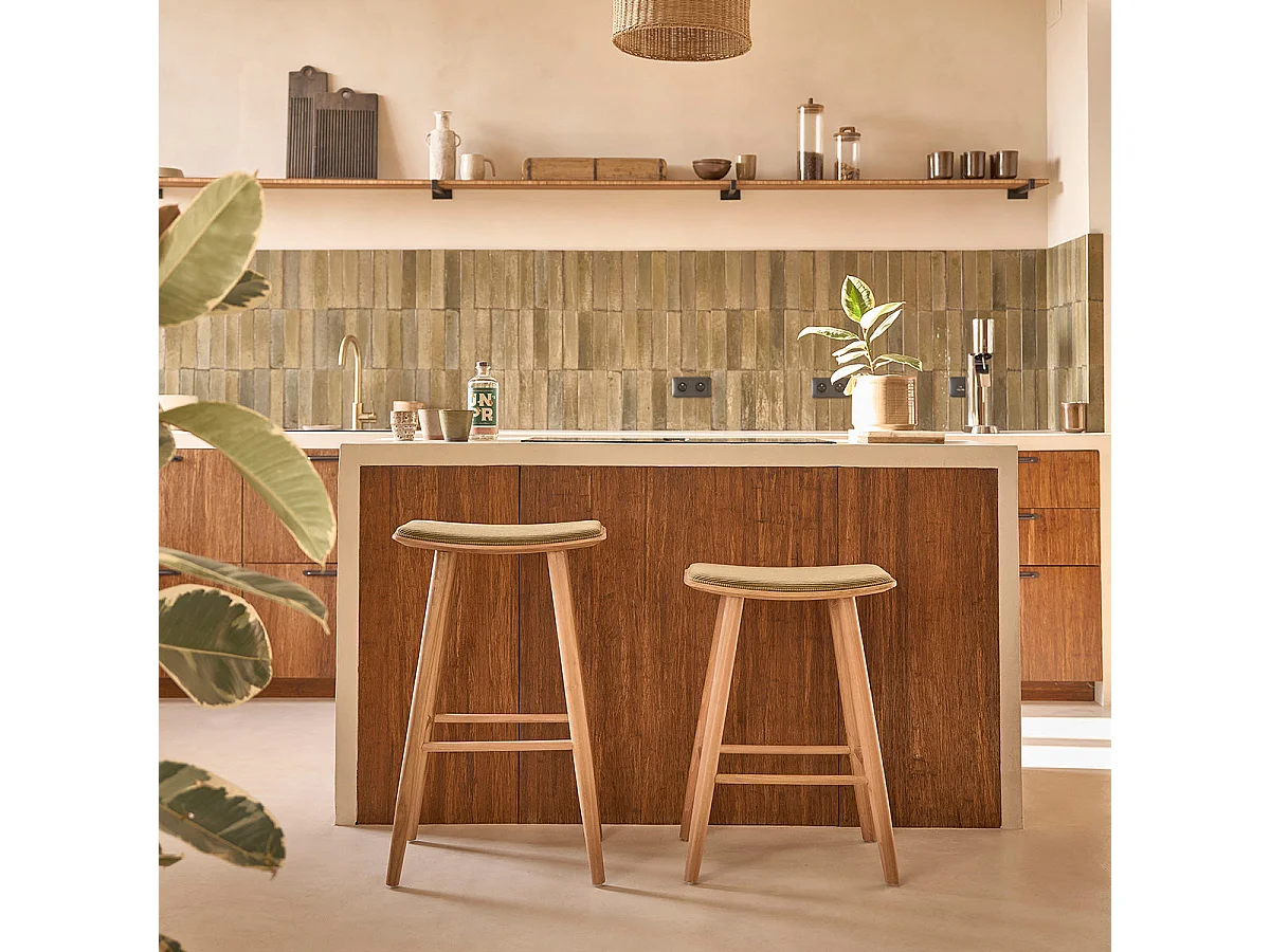 Sgabello in teak massello con seduta in velluto a coste 65 cm