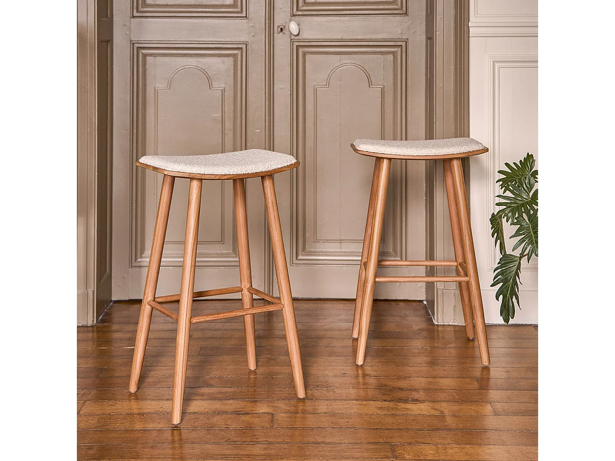 Lote de 2 taburetes de teca maciza, asiento bouclette 75 cm