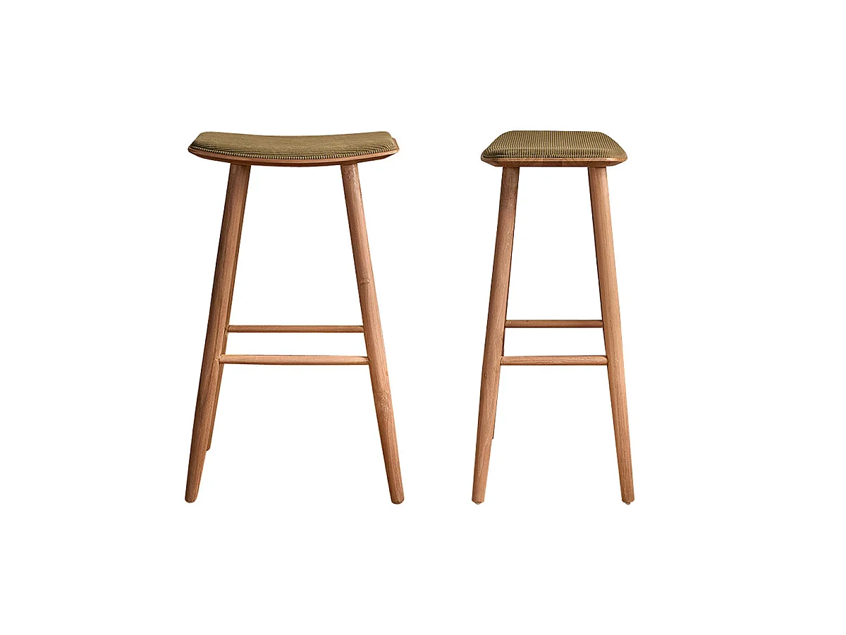 Set di 2 sgabelli in teak massello con seduta in velluto a coste 75 cm