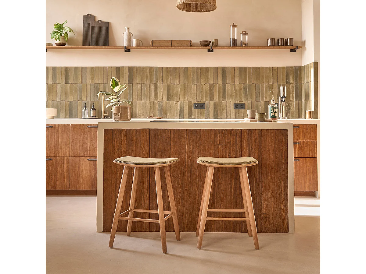 Set di 2 sgabelli in teak massello con seduta in velluto a coste 65 cm