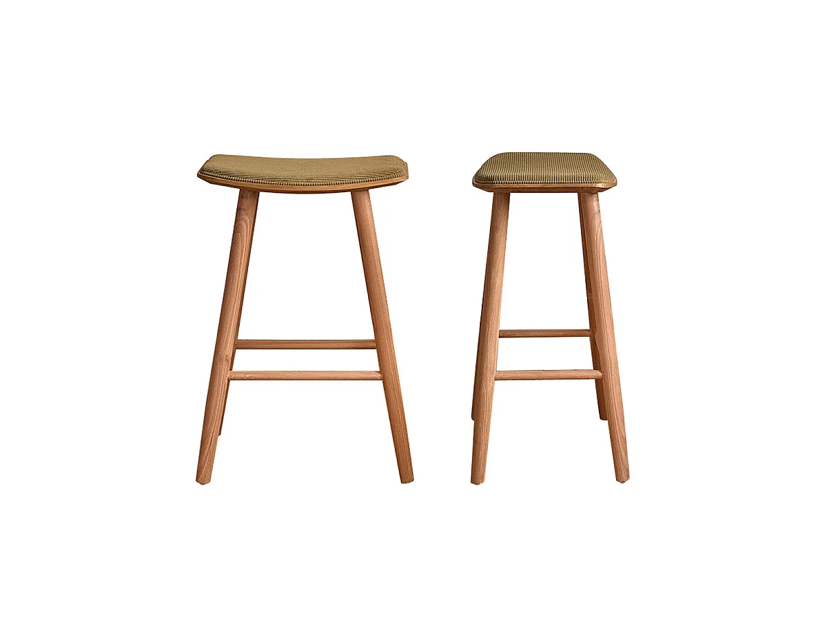 Set di 2 sgabelli in teak massello con seduta in velluto a coste 65 cm