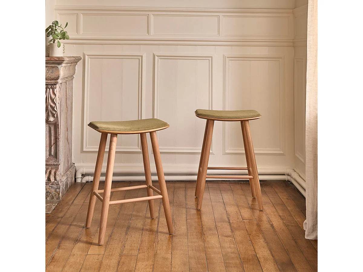 Set di 2 sgabelli in teak massello con seduta in velluto a coste 65 cm