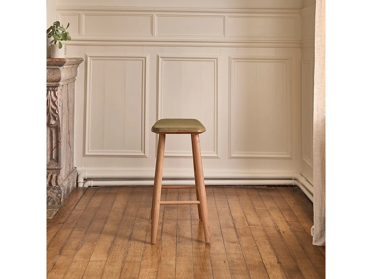 Set di 2 sgabelli in teak massello con seduta in velluto a coste 65 cm