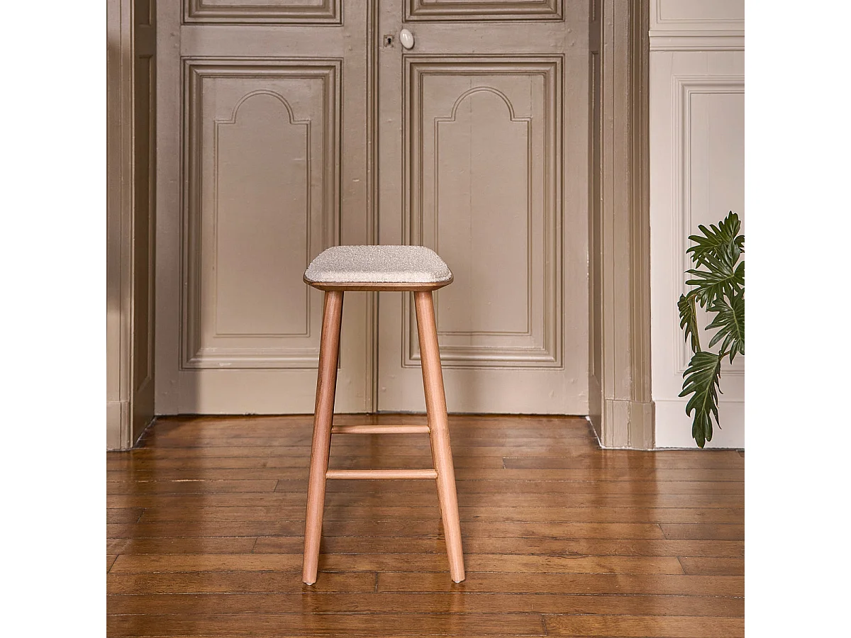 Taburete de madera de teca maciza y asiento de tela de rizo de 65 cm