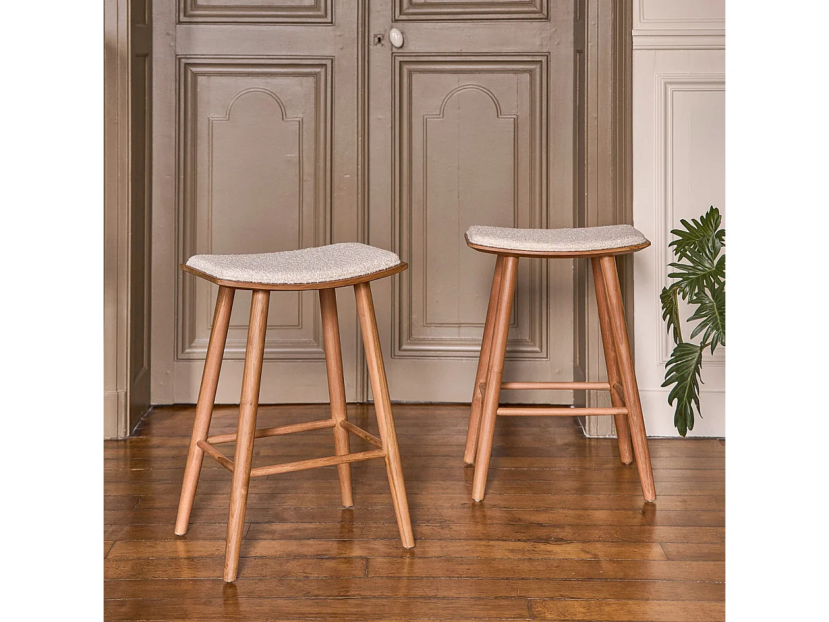 Taburete de teca maciza, asiento de bouclette 65 cm