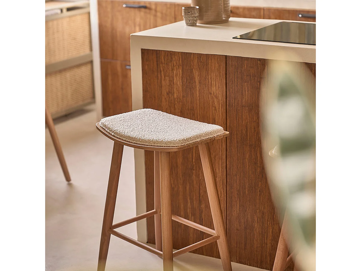 Taburete de teca maciza, asiento de bouclette 65 cm
