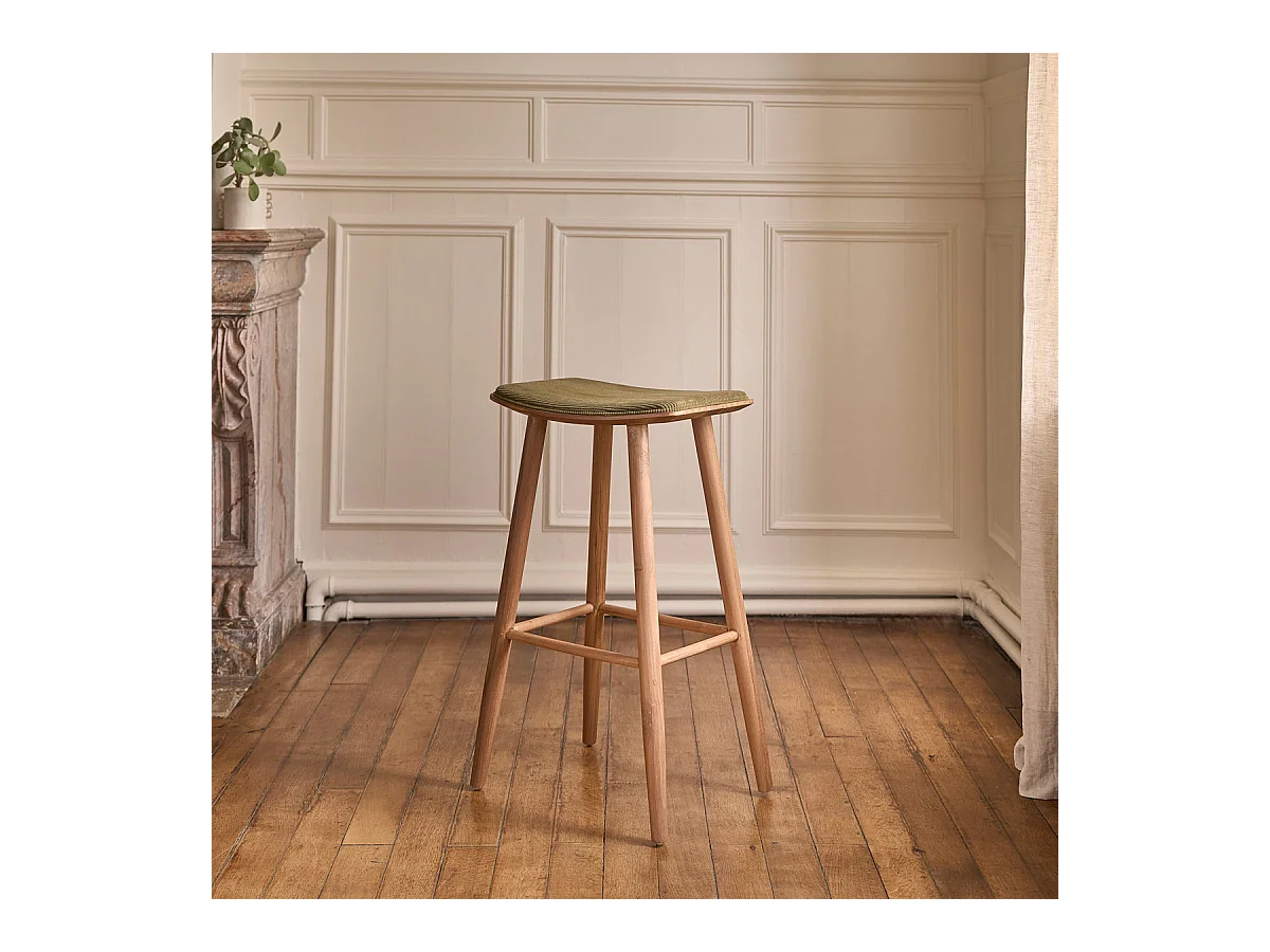 Tabouret en teck massif assise velours cotelé 75 cm