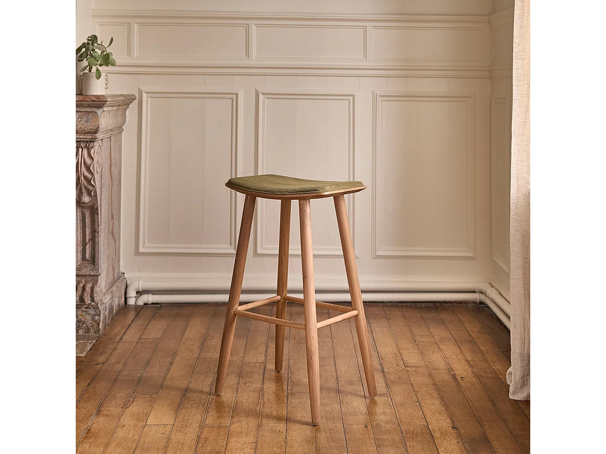 Sgabello in legno massello di teak con seduta in velluto a coste 75 cm