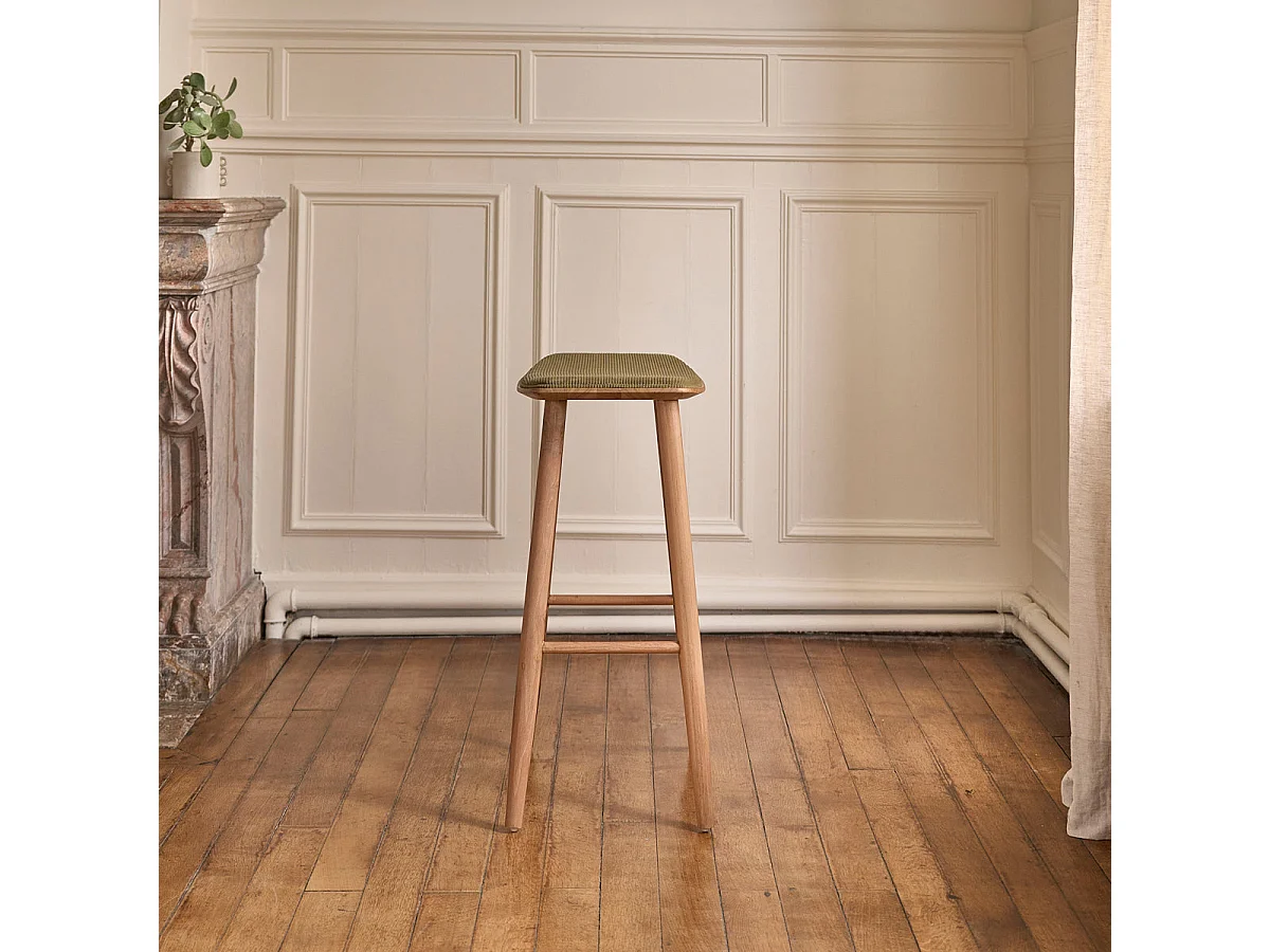 Taburete de teca maciza con asiento de terciopelo acanalado 75 cm