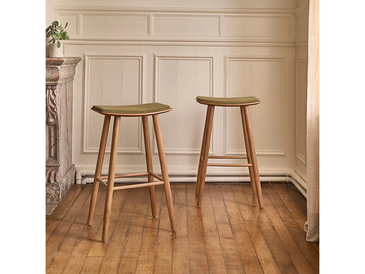 Taburete de teca maciza con asiento de terciopelo acanalado 75 cm
