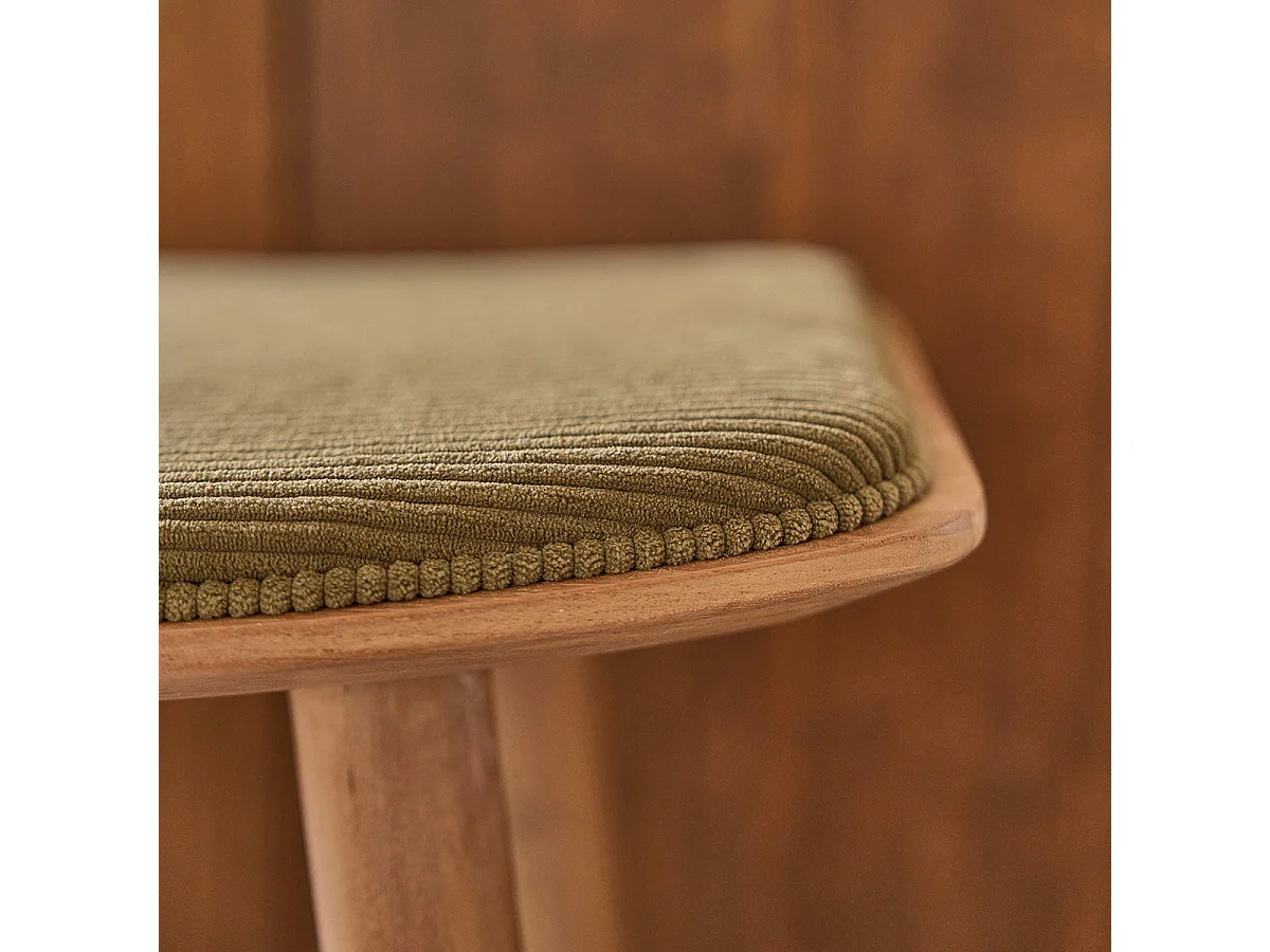 Taburete de teca maciza con asiento de terciopelo acanalado 75 cm
