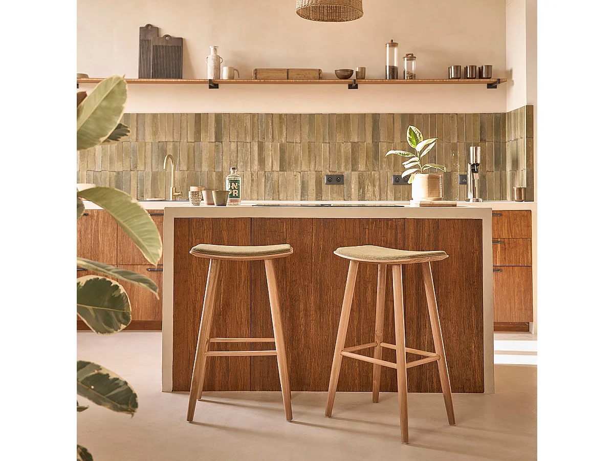 Taburete de teca maciza con asiento de terciopelo acanalado 75 cm