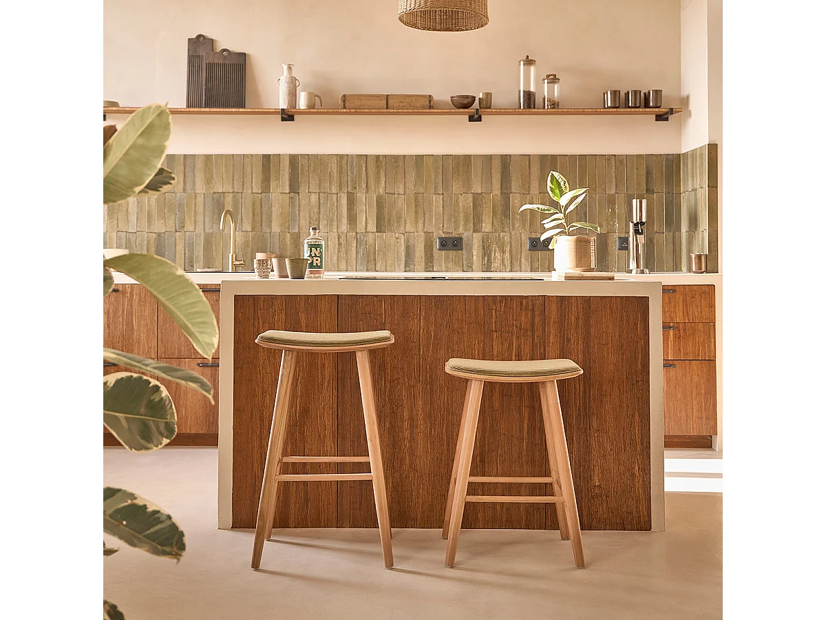 Taburete de teca maciza con asiento de terciopelo acanalado 75 cm