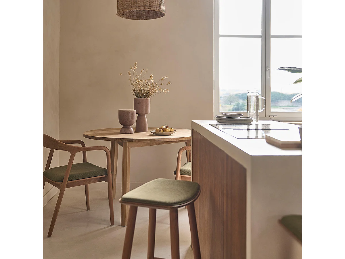 Taburete de teca maciza con asiento de terciopelo acanalado 75 cm