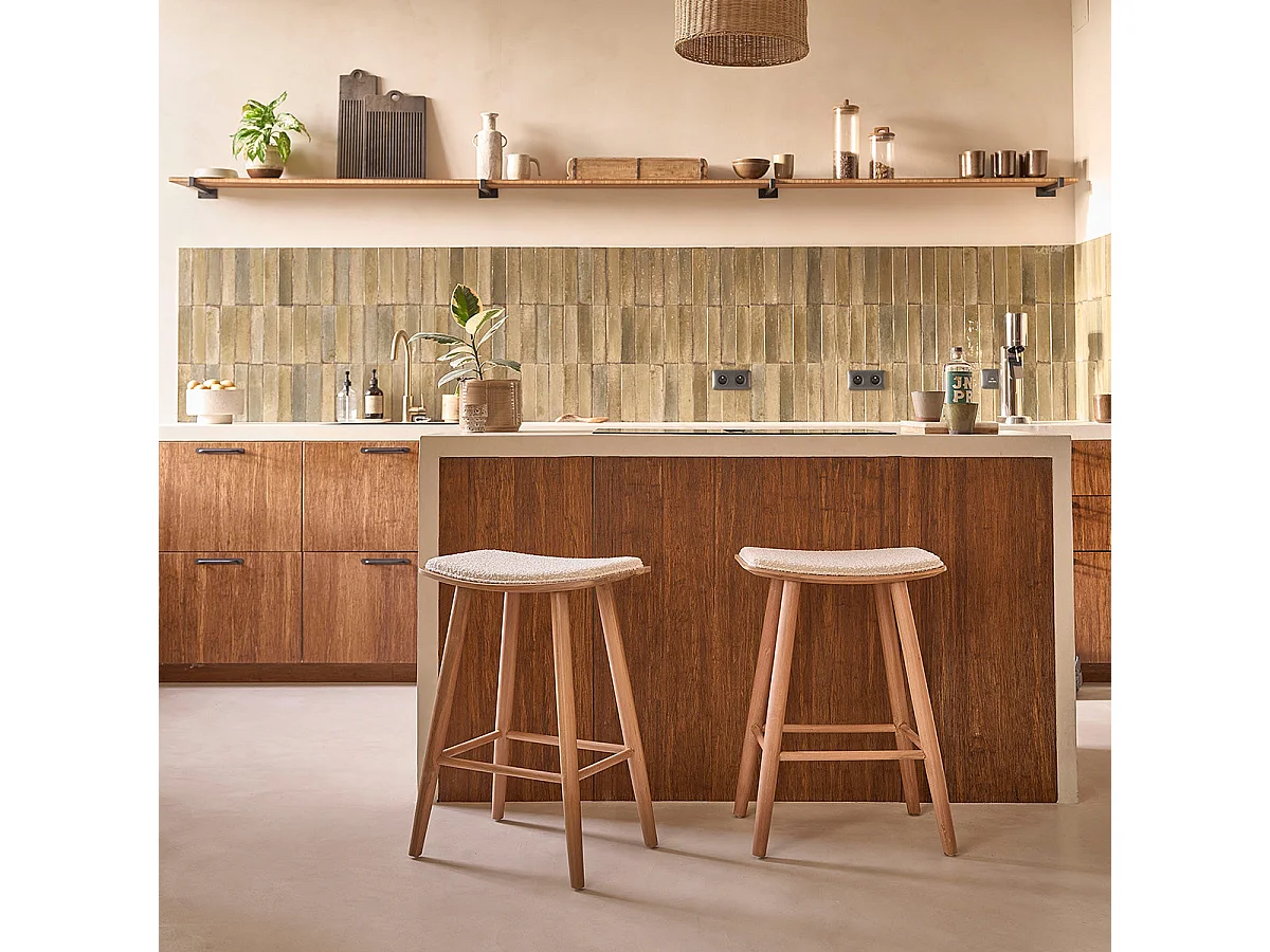 Lote de 2 taburetes de madera de teca maciza y tela de rizo de 65 cm