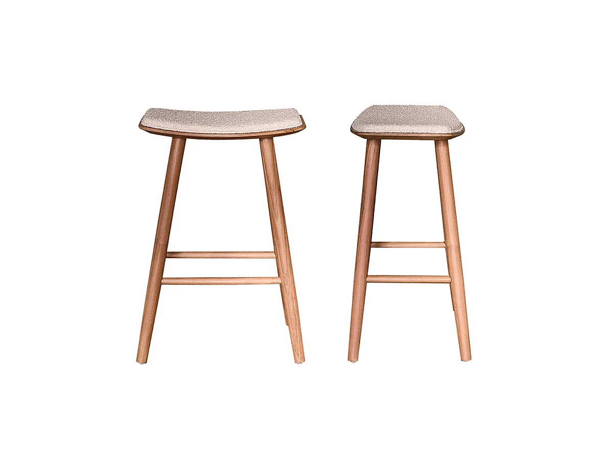Lote de 2 taburetes de teca maciza, asiento bouclette 65 cm