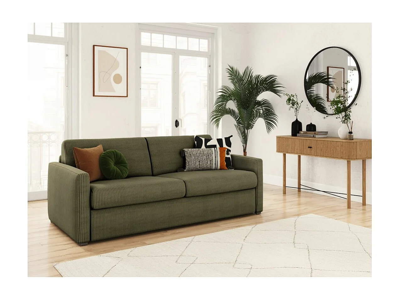 Canapé convertible express 3 places Agathe 140x190cm en velours côtelé - Vert kaki - Matelas 13cm - L178 x P96 x H88cm - Loungitude