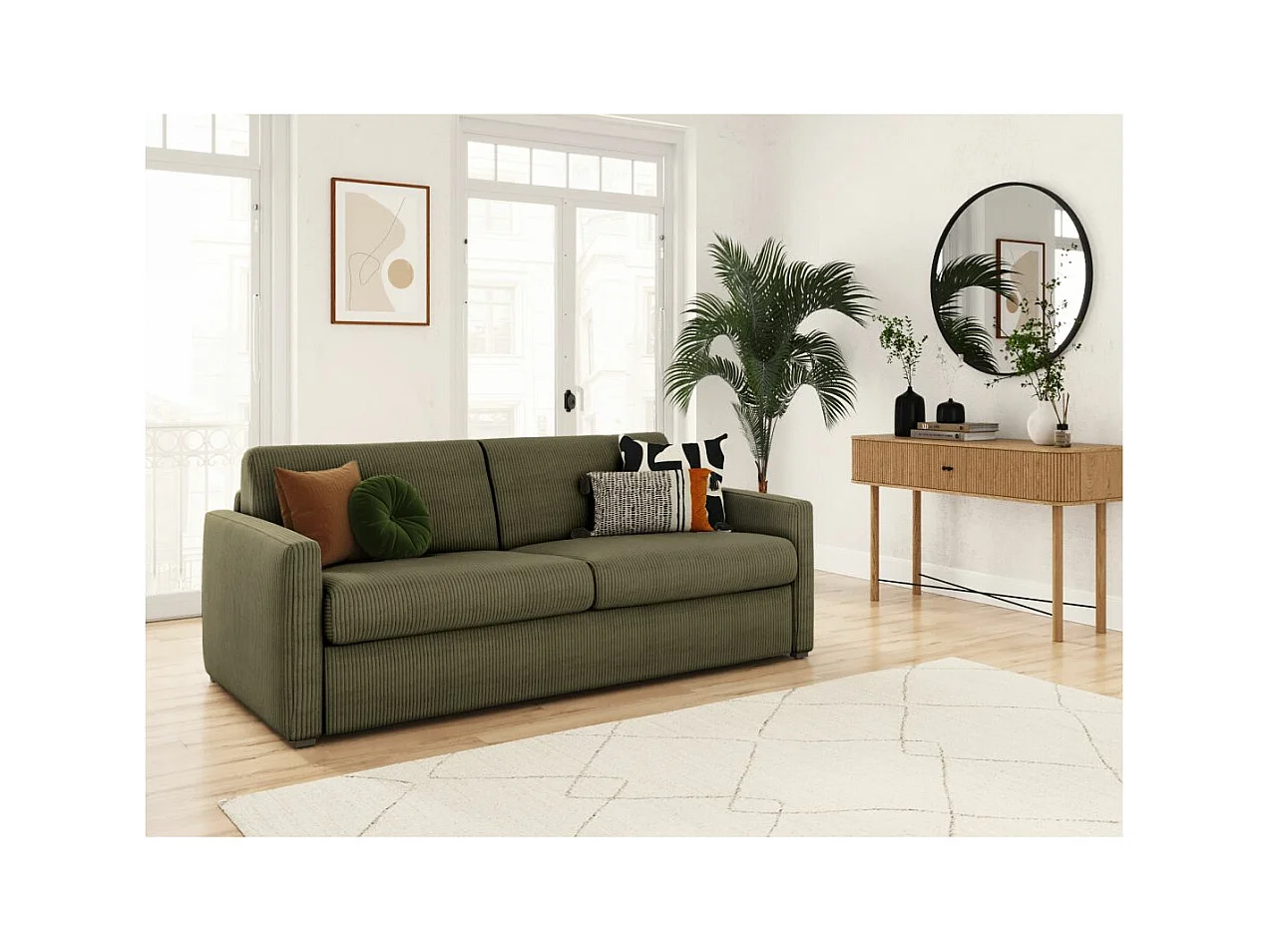Canapé convertible express 3 places Agathe 140x190cm en velours côtelé - Vert kaki - Matelas 13cm - L178 x P96 x H88cm - Loungitude