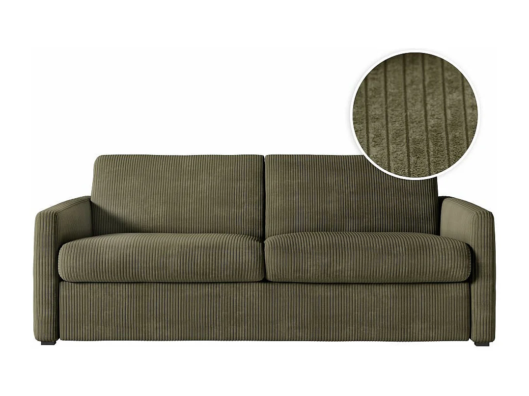 Canapé convertible express 3 places Agathe 140x190cm en velours côtelé - Vert kaki - Matelas 13cm - L178 x P96 x H88cm - Loungitude