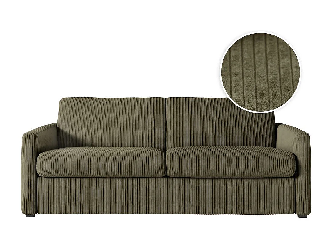 Canapé convertible express 3 places Agathe 140x190cm en velours côtelé - Vert kaki - Matelas 13cm - L178 x P96 x H88cm - Loungitude