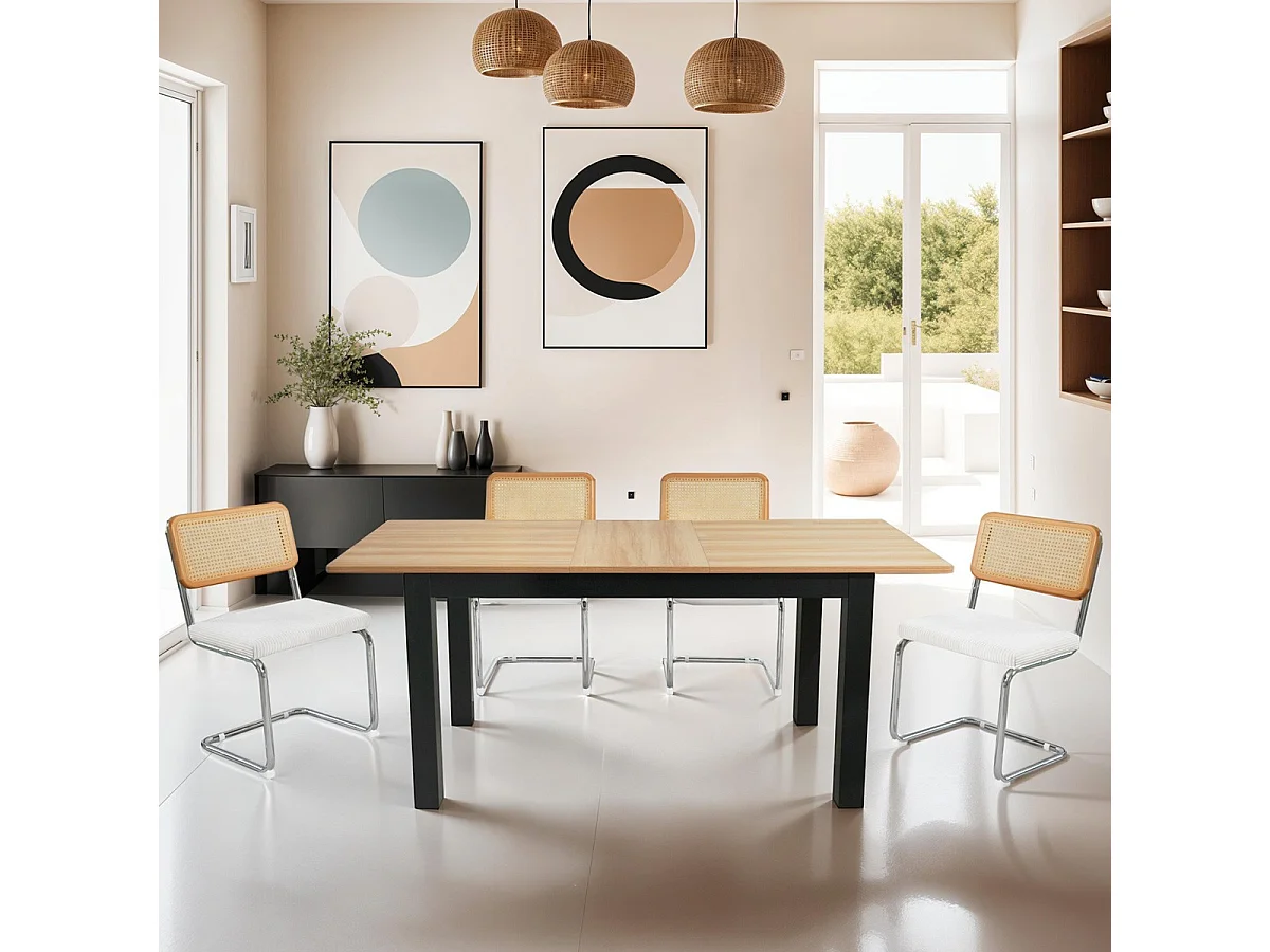 Table à manger extensible effet bois 6/8 personnes, piètement noir 140/180 cm - Lexi