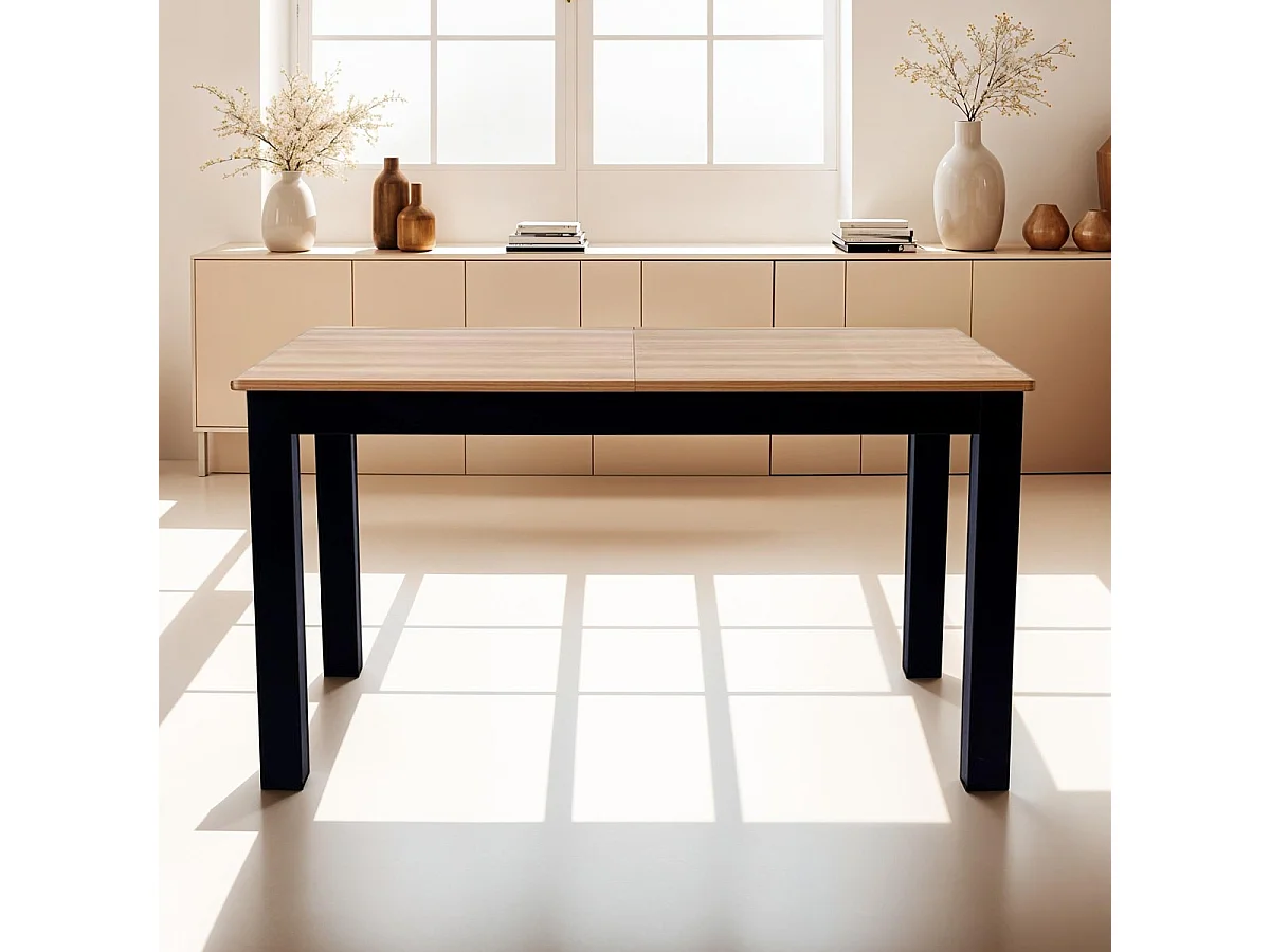 Table à manger extensible effet bois 6/8 personnes, piètement noir 140/180 cm - Lexi