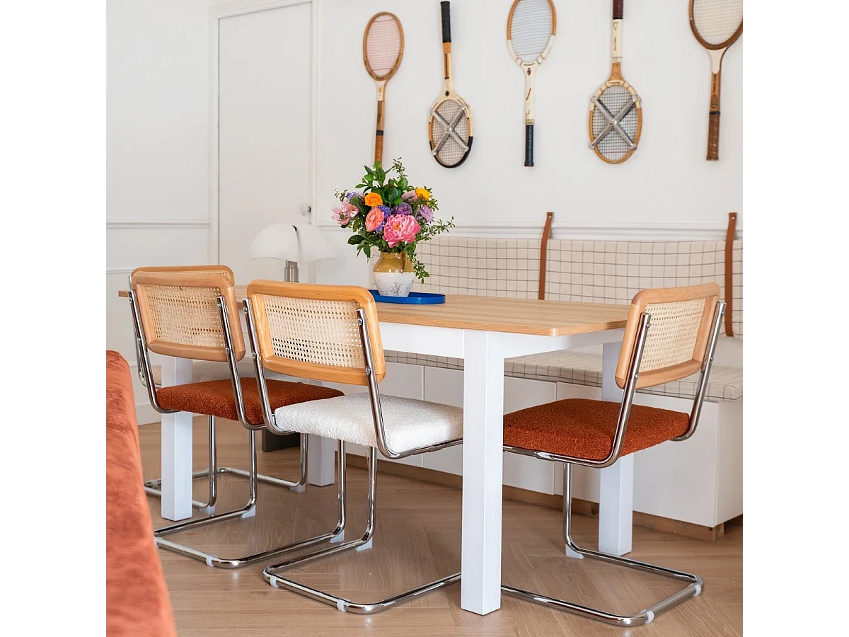 Table à manger extensible effet bois 6/8 personnes, piètement blanc 140/180 cm - Lexi