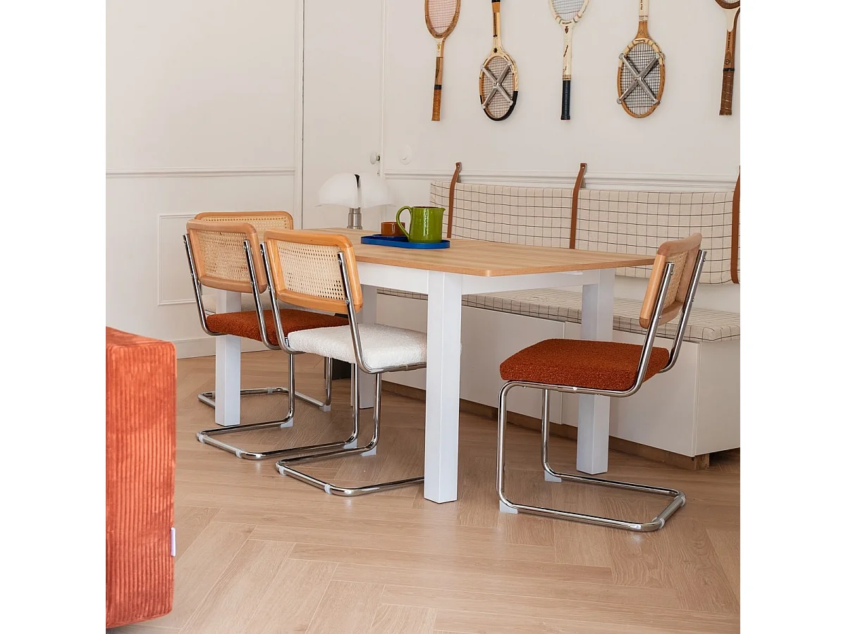 Table à manger extensible effet bois 6/8 personnes, piètement blanc 140/180 cm - Lexi