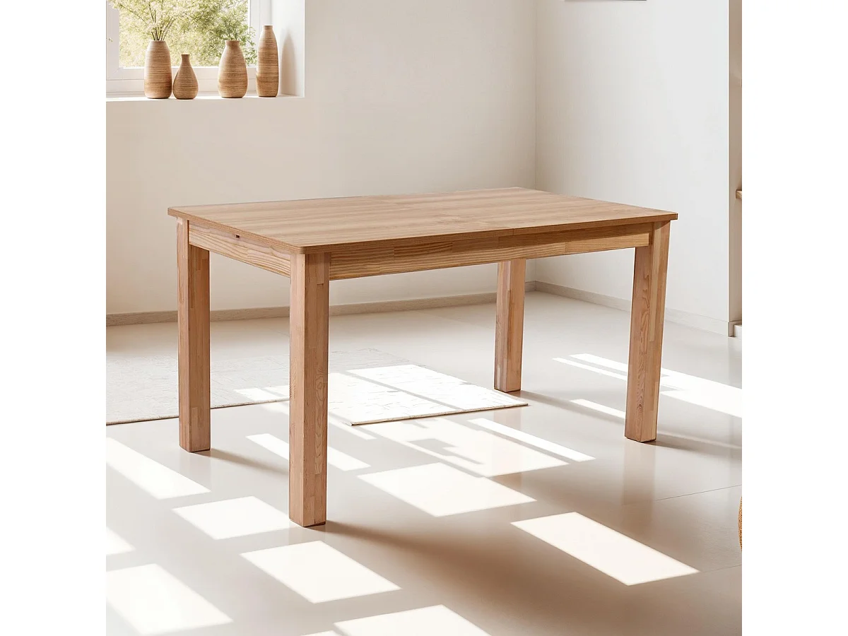 Table à manger extensible effet bois 6/8 personnes, piètement bois 140/180 cm - Lexi