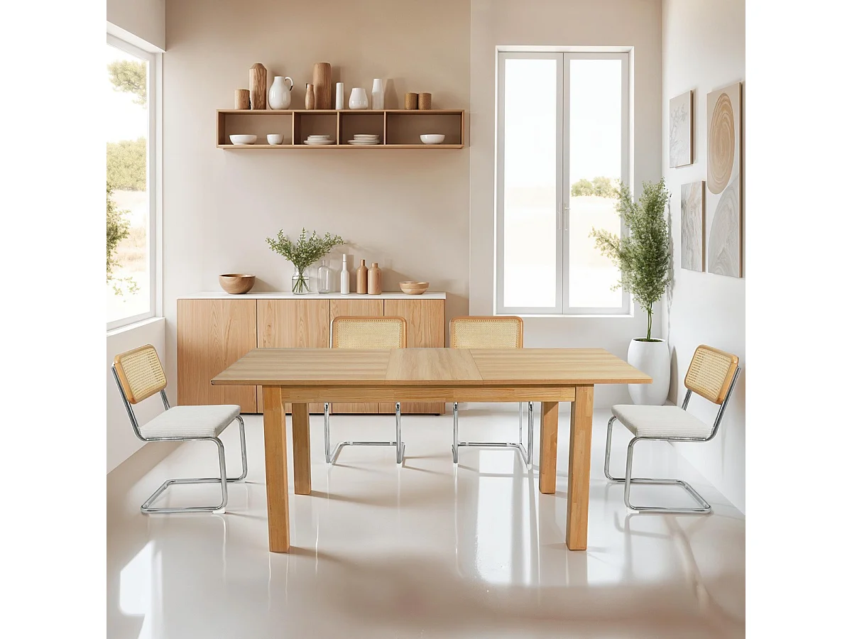 Table à manger extensible effet bois 6/8 personnes, piètement bois 140/180 cm - Lexi