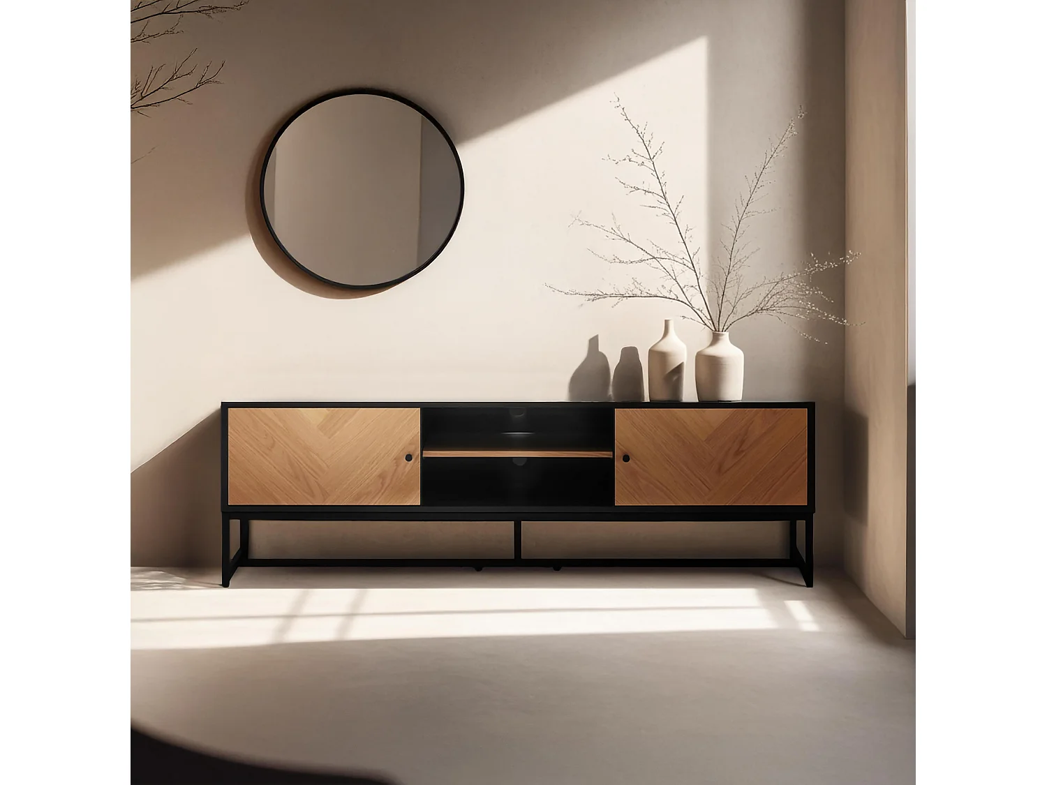 Meuble TV en panneaux de particules plaqué chêne mélaminé 160 cm