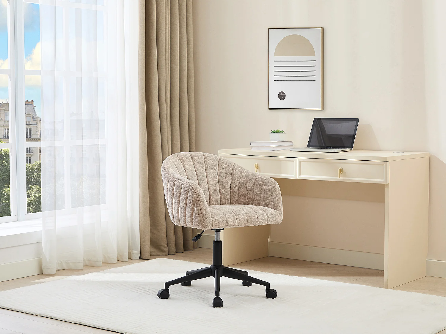 Chaise de bureau - Tissu - Beige - Hauteur réglable - TOSILI